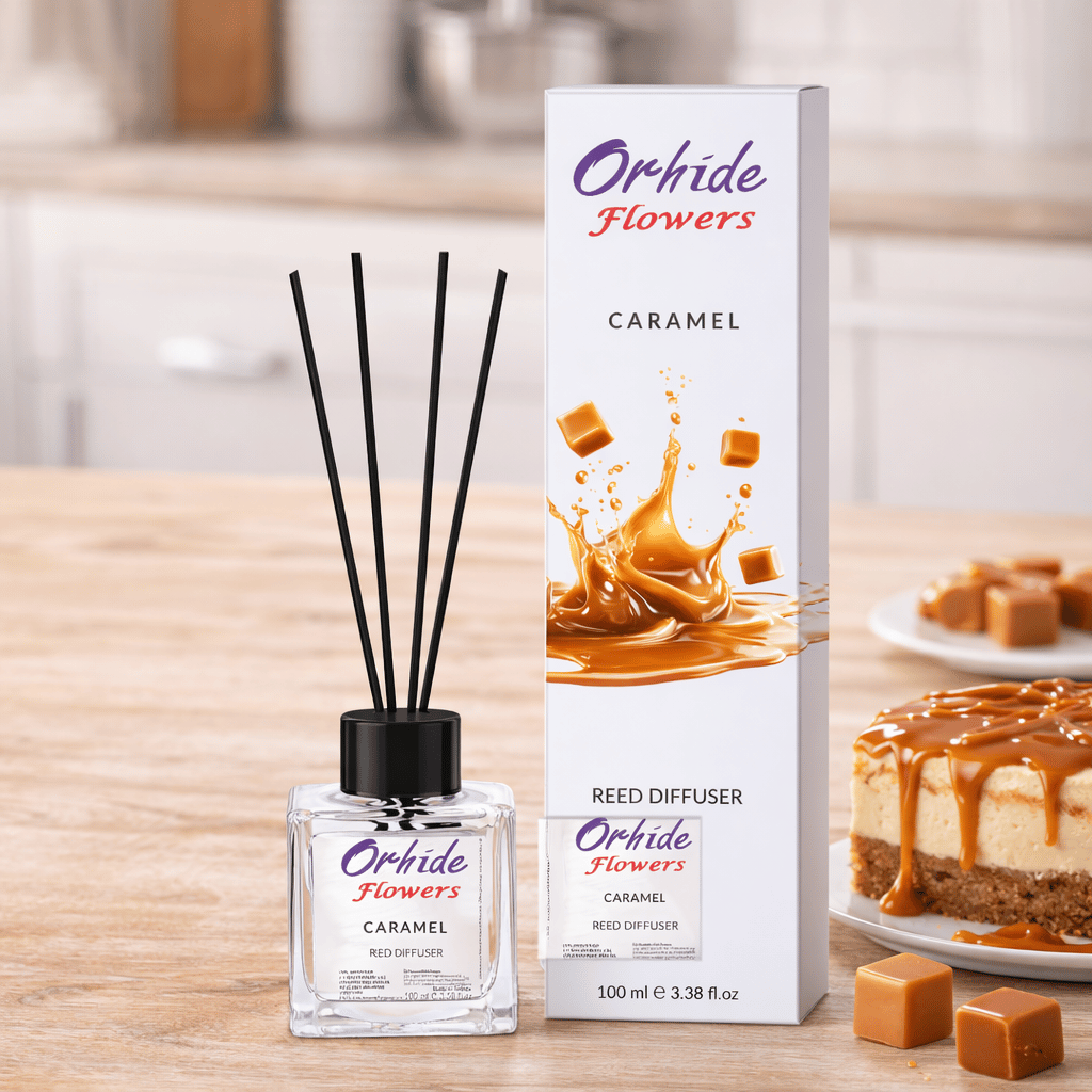 Odorizant de camera cu betisoare, Orhide Flowers, Caramel, 100ml