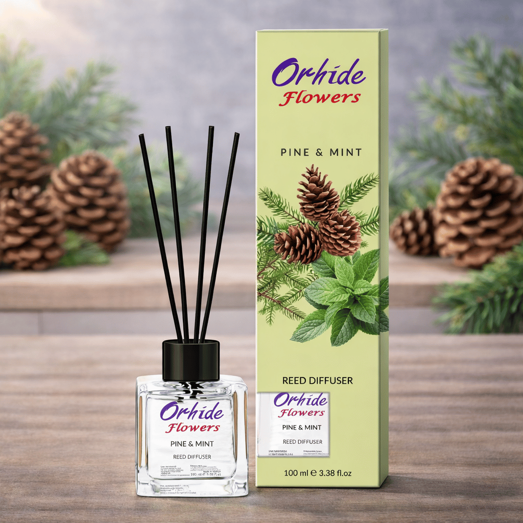 Odorizant de camera cu betisoare, Orhide Flowers, Pin & Menta, 100ml
