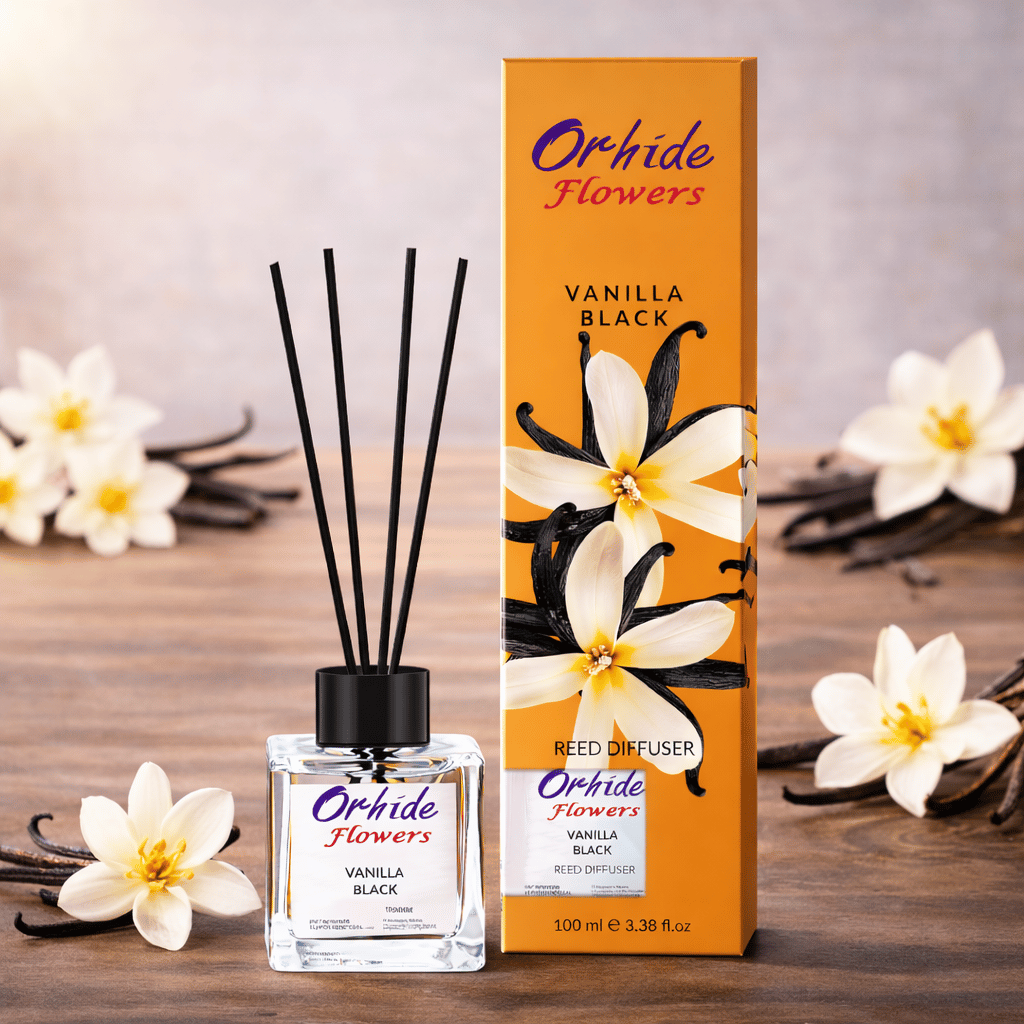 Odorizant de camera cu betisoare, Orhide Flowers, Vanilla Black, 100ml