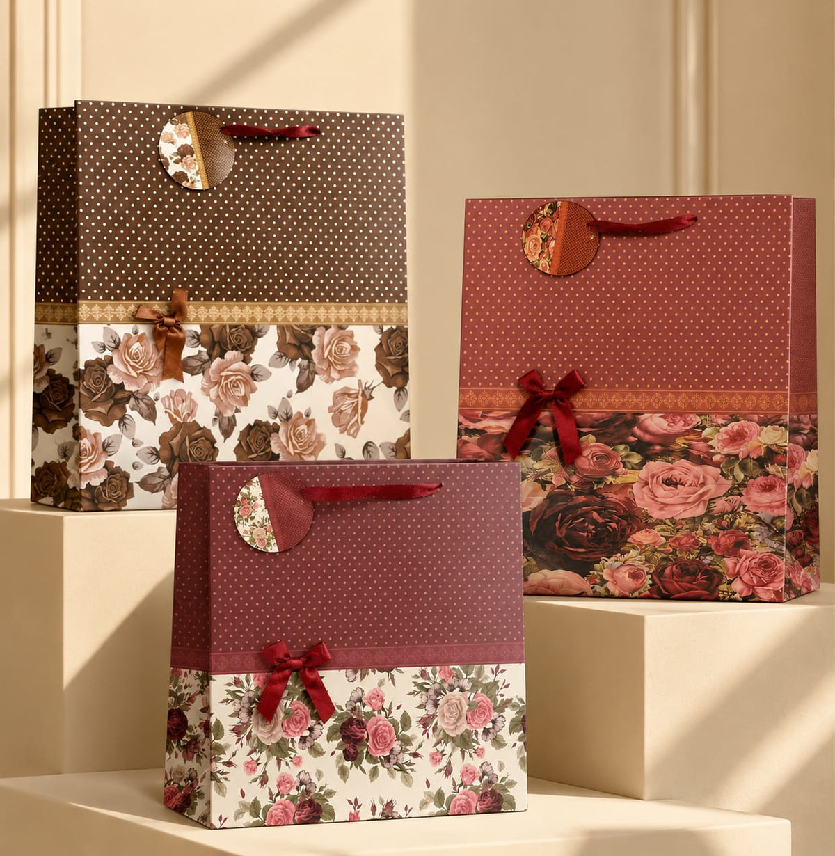 Set 12 pungi cadou mari din carton, model floral 240 pcs pe bax.Comanda minima 12 buc