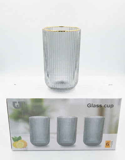 Set 6 Pahare pentru Apă din Sticlă, Design Striat, Margine Aurie 12 pcs pe bax.Comanda minima 6 buc