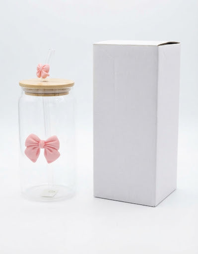Pahar din Sticlă cu Pai și Design cu Fundă  20 pcs pe bax.Comanda minima 6 buc