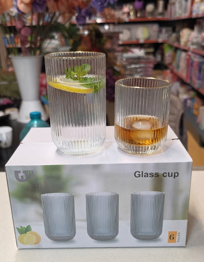 Set 6 Pahare pentru Apă din Sticlă, Design Striat, Margine Aurie 12 pcs pe bax.Comanda minima 6 buc