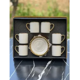 Set 6 cesti Engro + 6 farfurioare, pentru cafea, alb cu auriu