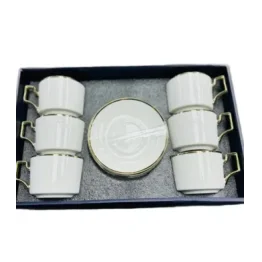 Set 6 cesti Engro + 6 farfurioare, pentru cafea, alb cu auriu