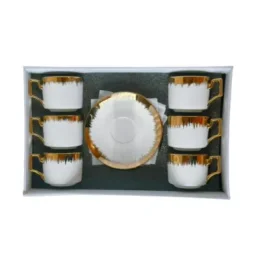 Set 6 cesti Engro + 6 farfurioare, pentru cafea, alb cu auriu